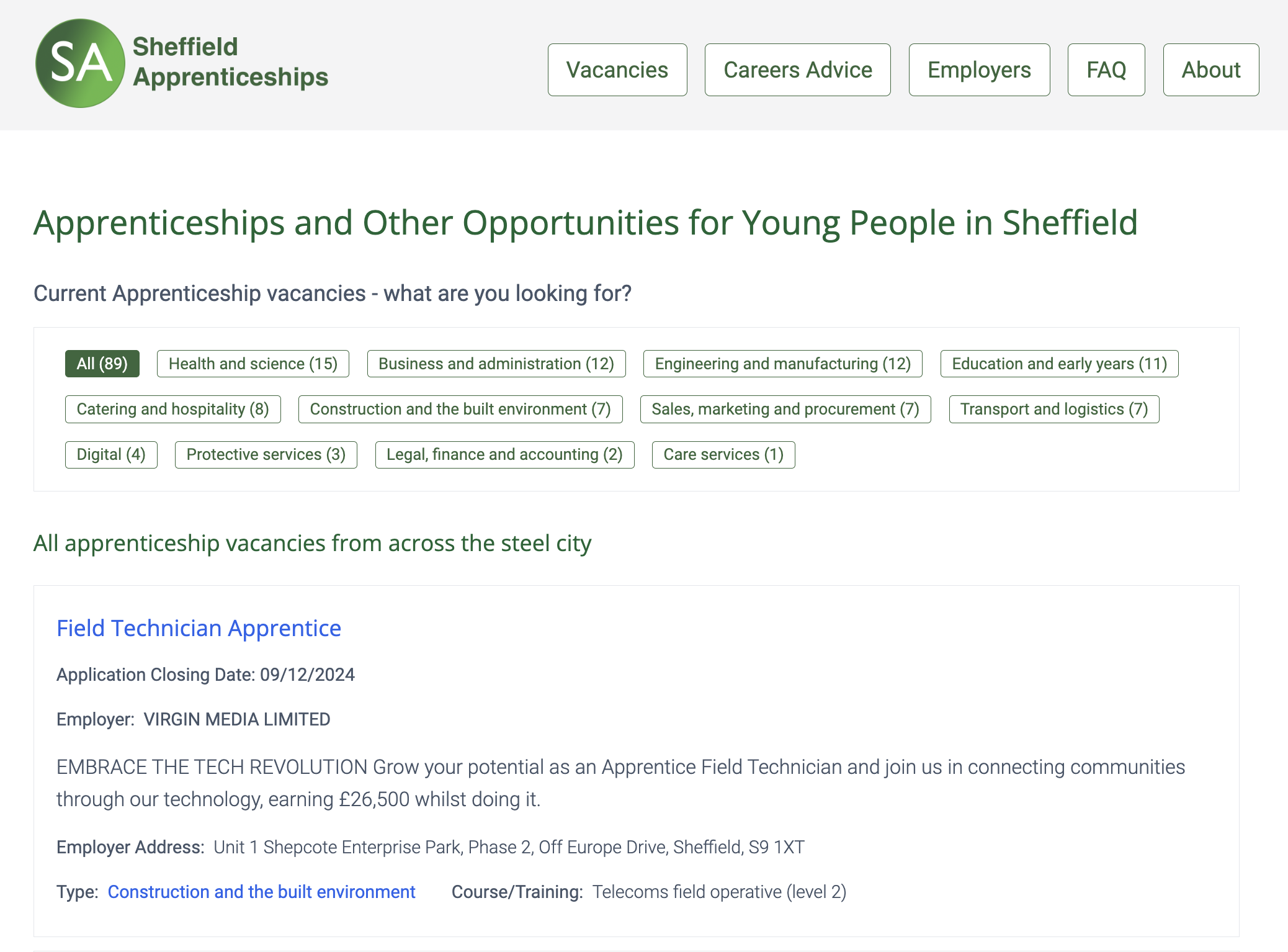 Sheffield Apprenticeships screenshot